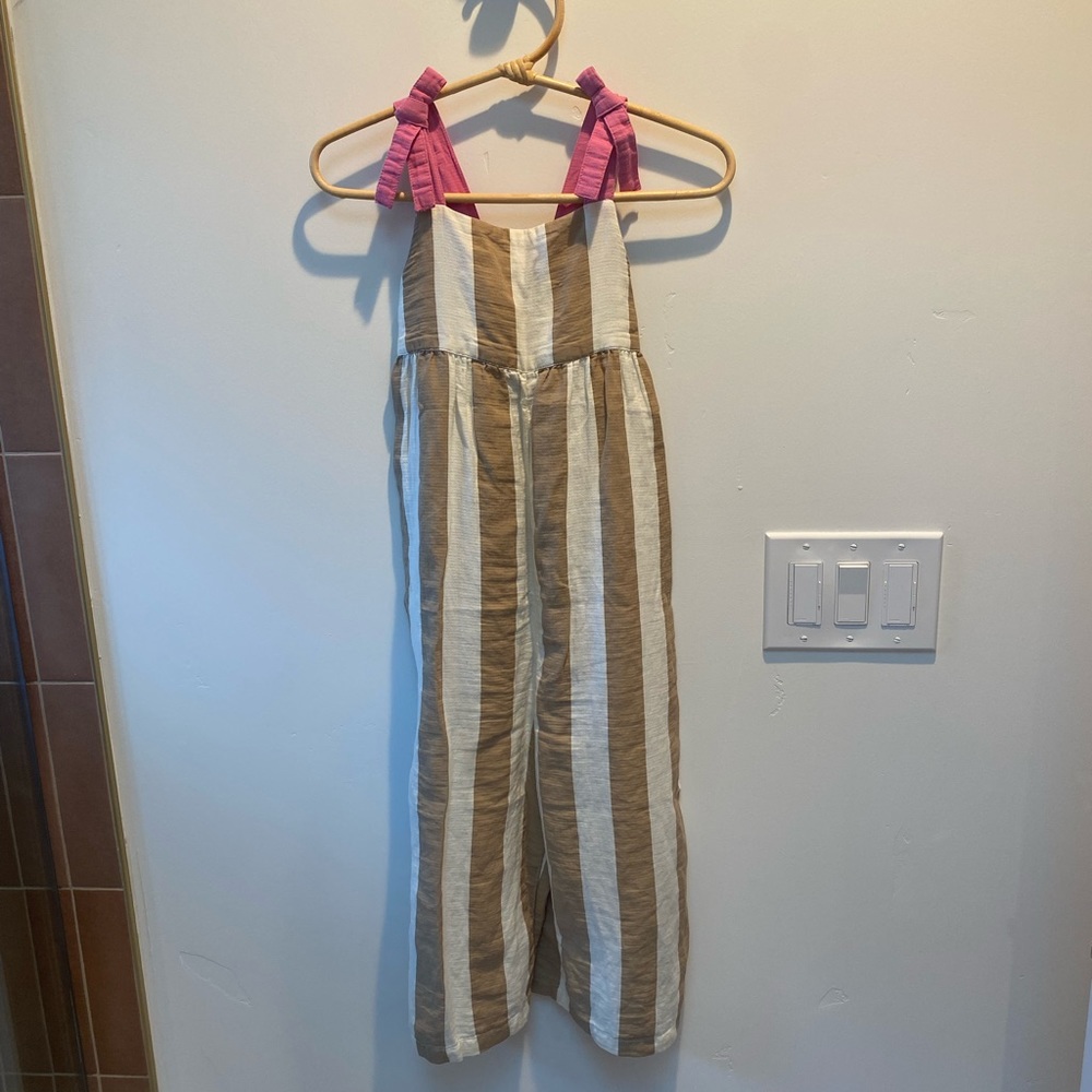 Kids Striped Linen Jumpsuit with Pink Tie Straps
